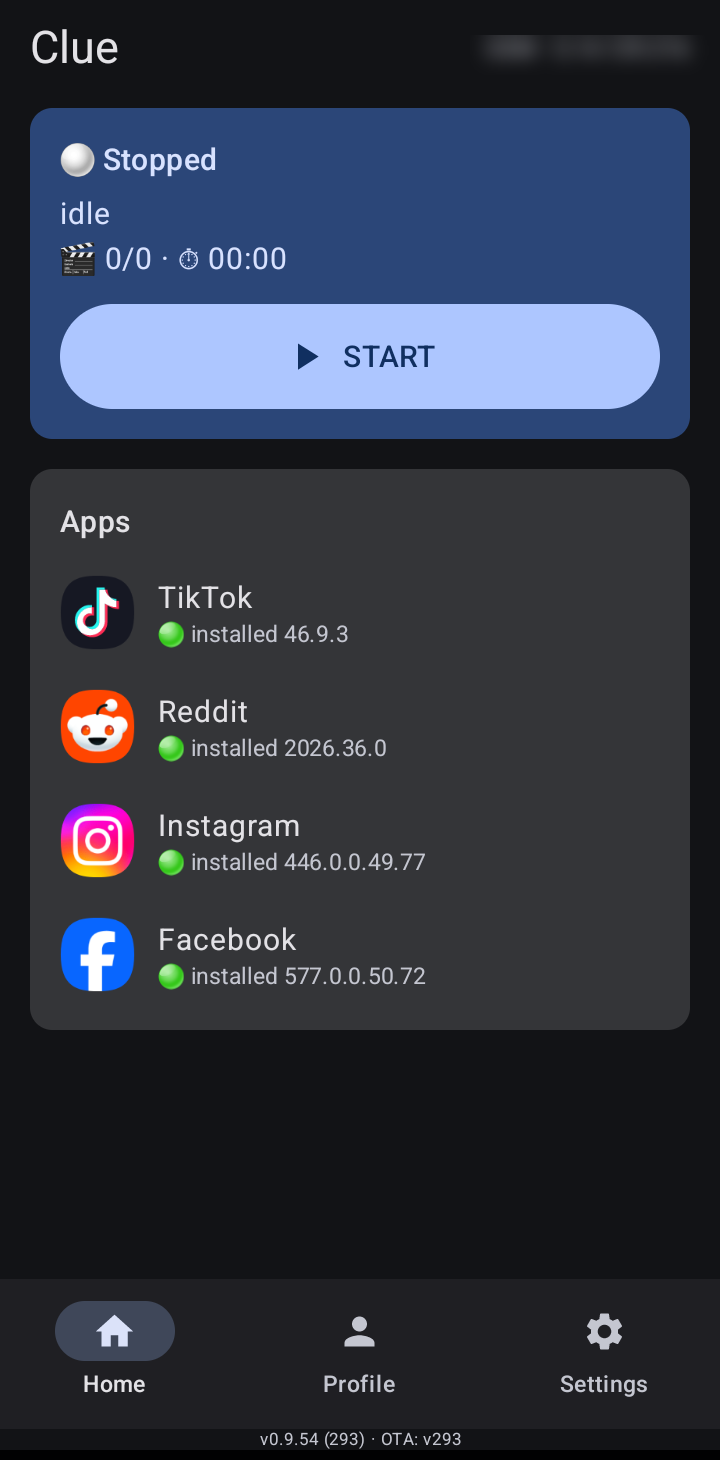 Ecranul aplicației Clue pe un telefon: butonul START și lista aplicațiilor instalate